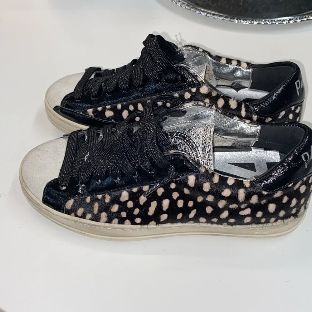 P448 $315 Women's 36 Thea Calf Hair Animal Print Silver Black White Luxe Sneaker